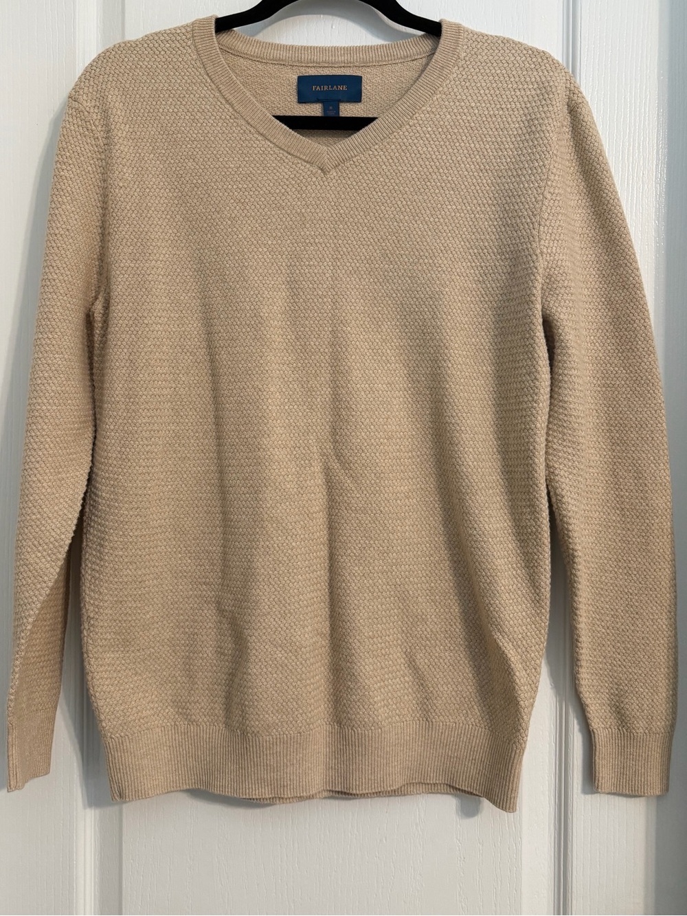 Fairlane Men’s Tan V-Neck Textured Cotton and Cashmere Sweater Sz M